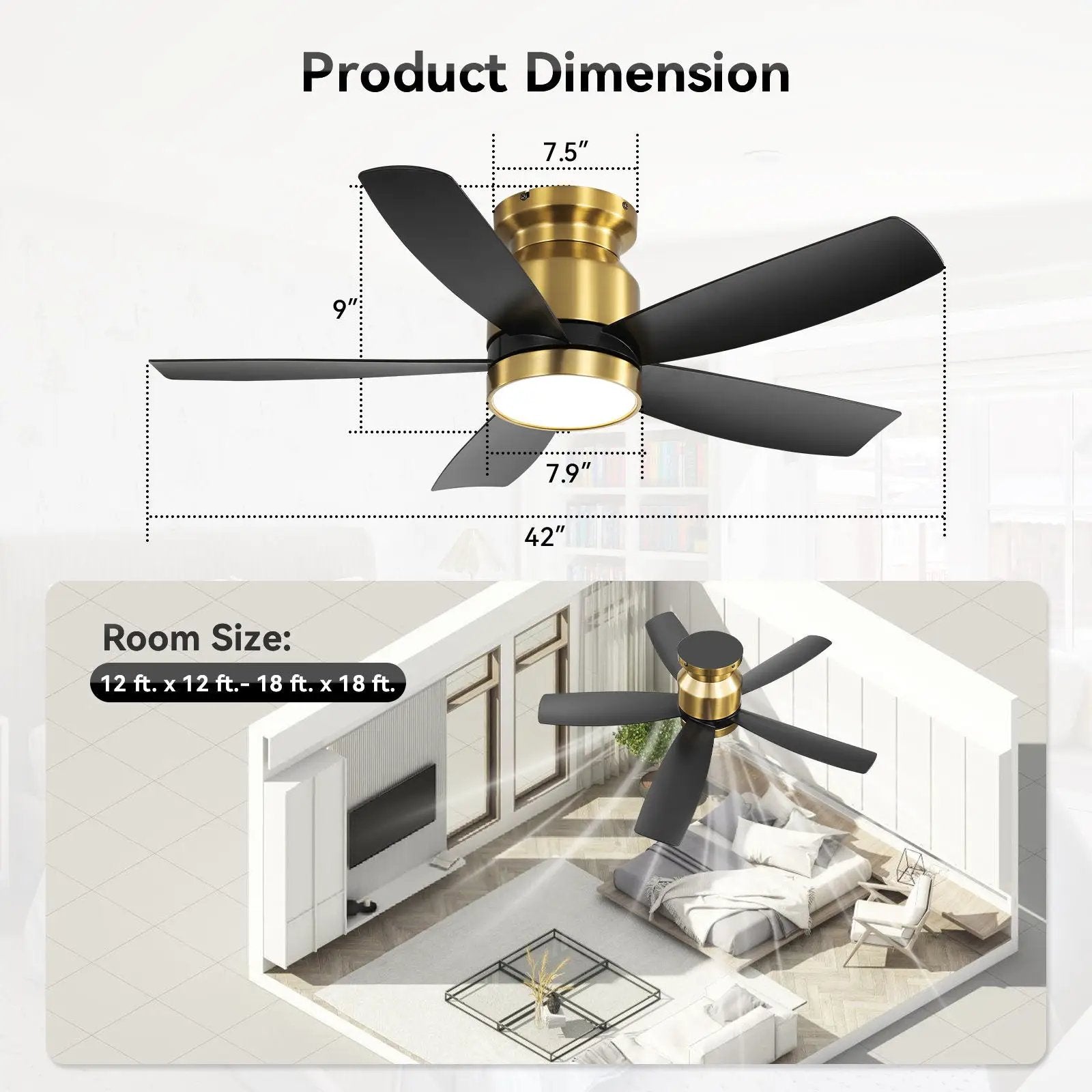 Unique Piece Furniture flush mount ceiling fan with LED light, brass body and black blades, 42in on Tampa Home & Garden Store