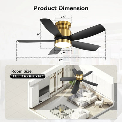 Unique Piece Furniture flush mount ceiling fan with LED light, brass body and black blades, 42in on Tampa Home & Garden Store