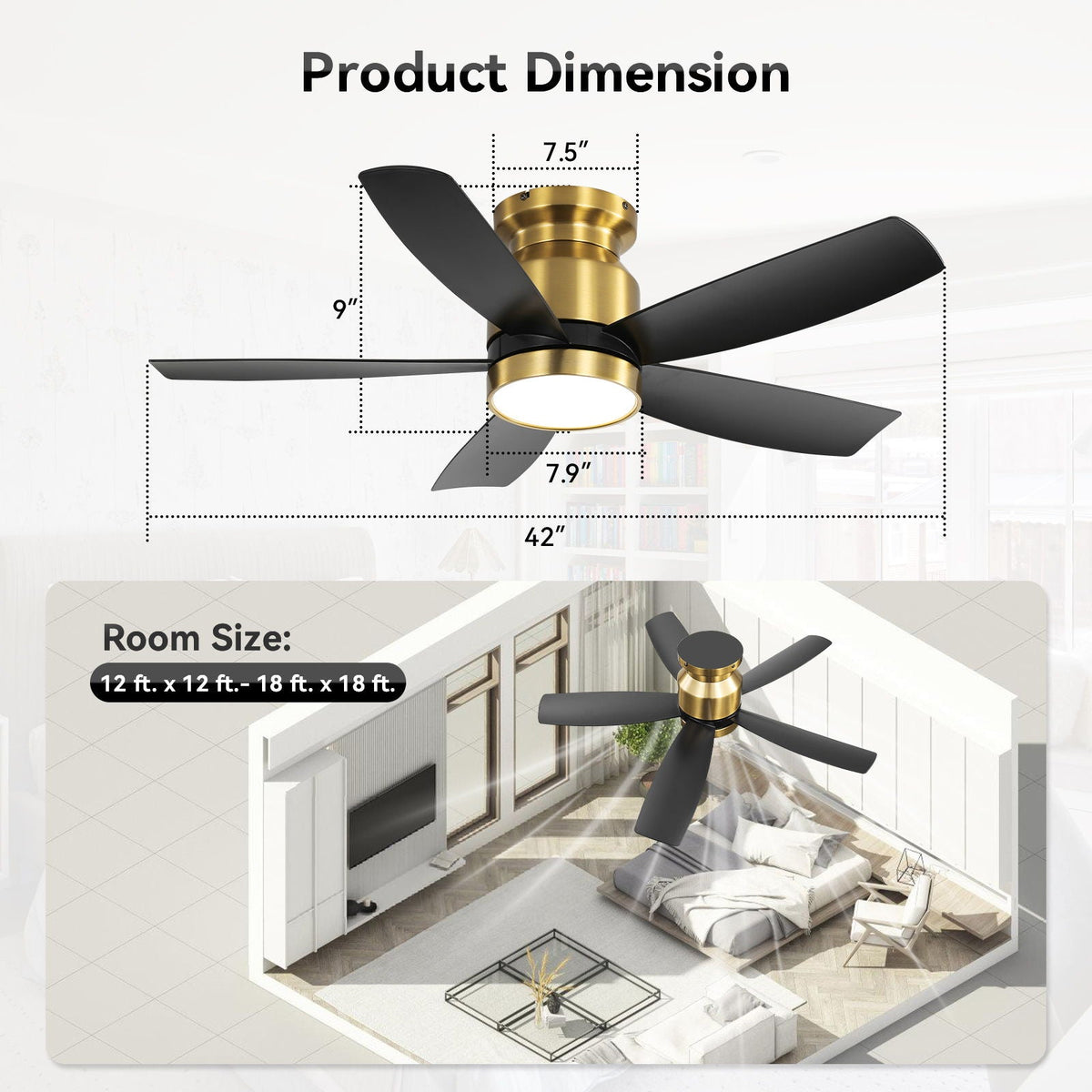 Flush Mount Ceiling Fan with LED Light by HouseOfZazla, black blades, brass motor, remote on Tampa Home & Garden Store