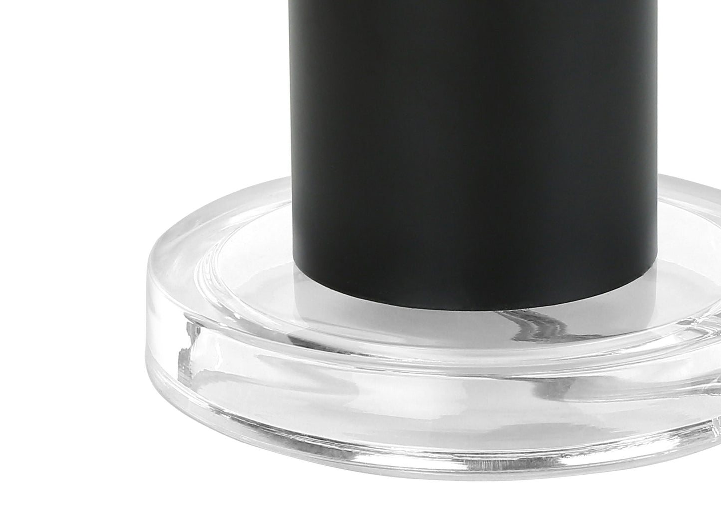 Contemporary table lamp with adjustable lighting black cylindrical body on clear glass base on Tampa Home & Garden Store