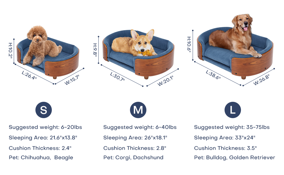 Scandinavian Style Elevated Dog Bed Pet Sofa with blue velvet cushion and wood base; S M L sizes on Tampa Home & Garden Store