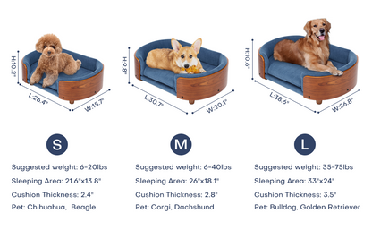 Scandinavian Style Elevated Dog Bed Pet Sofa with blue velvet cushion and wood base; S M L sizes on Tampa Home & Garden Store