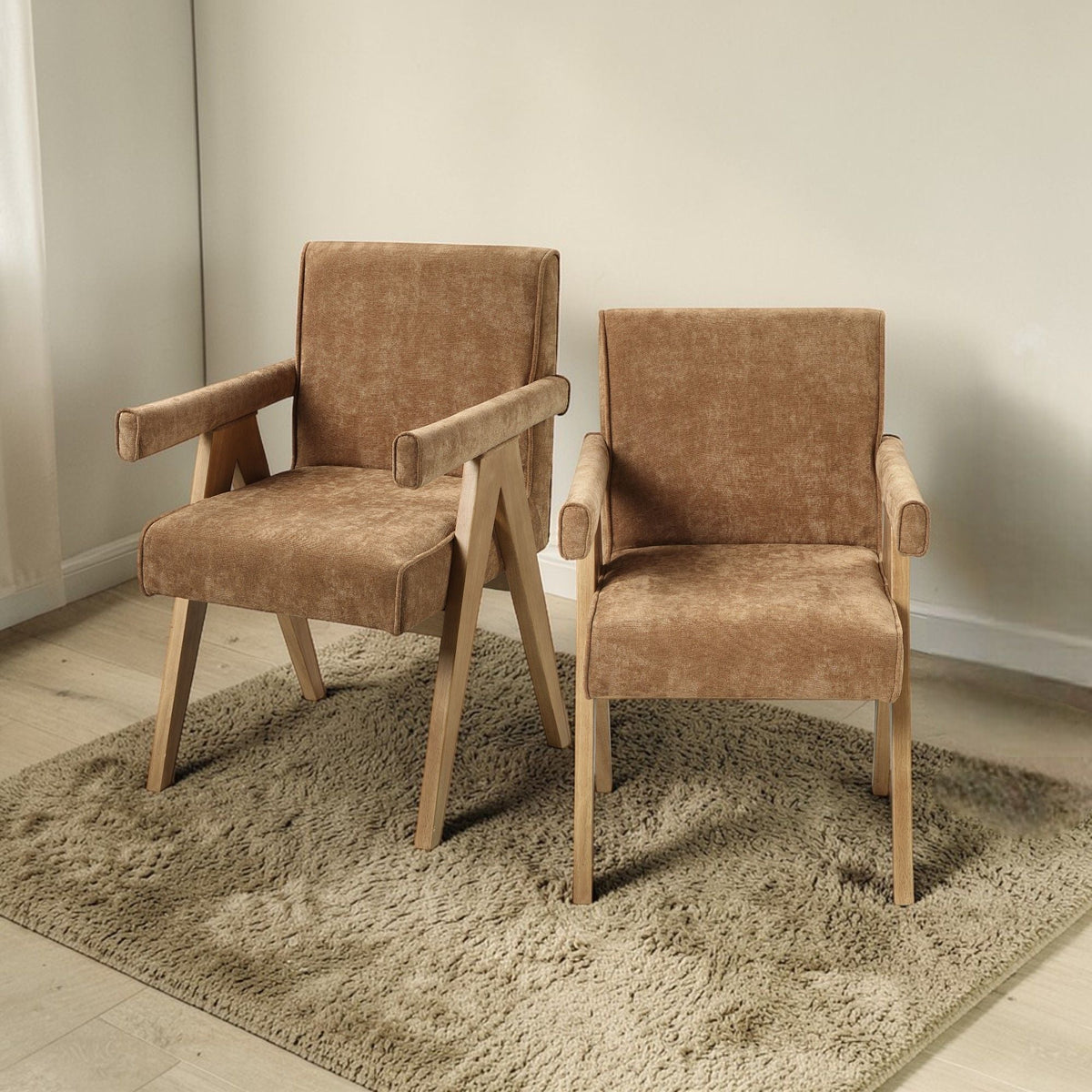 Zoey Arm Chair Set by HouseOfZazla, chocolate chenille upholstery, 2 chairs, light wood legs on Tampa Home & Garden Store