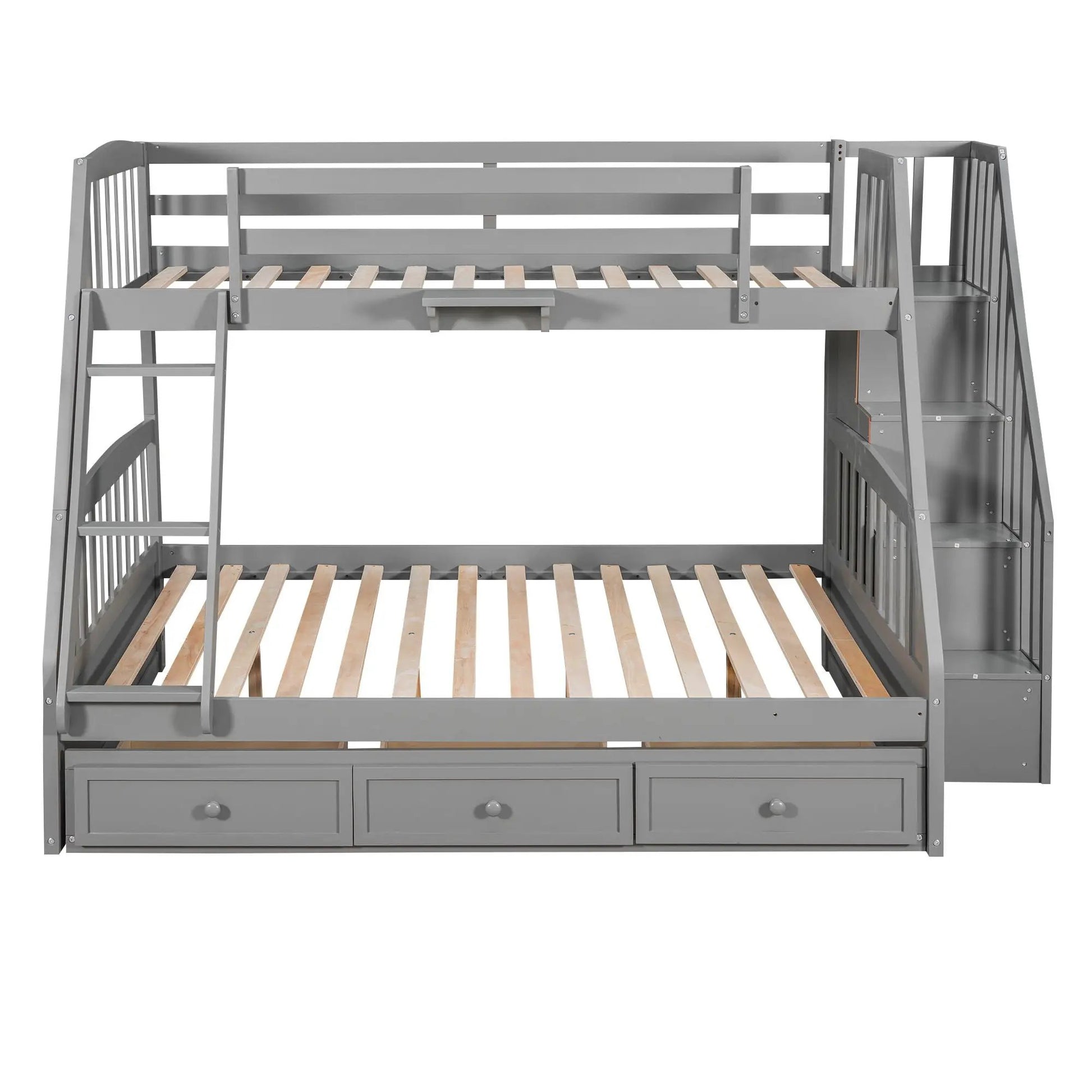 Bunk bed with drawers and storage staircase in gray metal, wood slats visible on Tampa Home & Garden Store