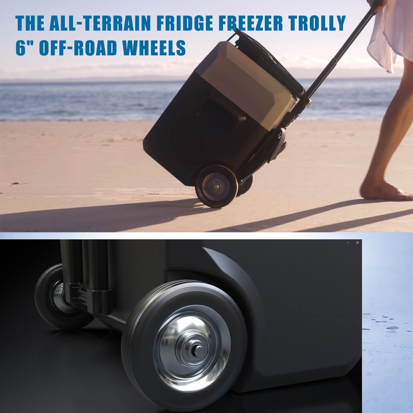 HouseOfZazla portable fridge freezer with 6in off-road wheels, black-beige body on beach on Tampa Home & Garden Store