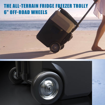 HouseOfZazla portable fridge freezer with 6in off-road wheels, black-beige body on beach on Tampa Home & Garden Store