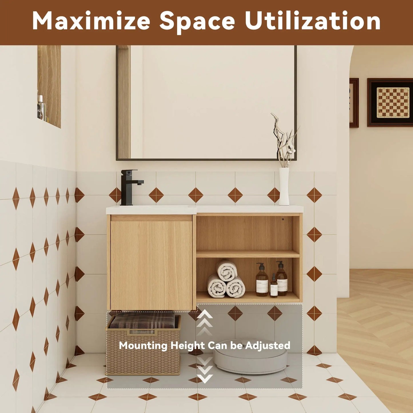 L Shaped Wall Mounted Floating Vanity with Sink