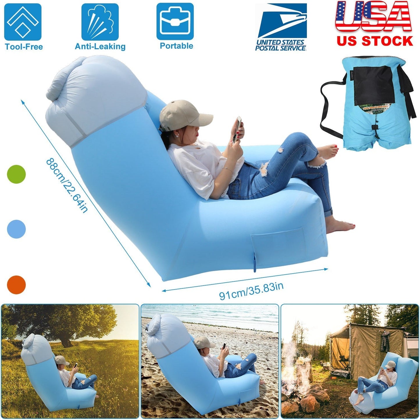 GemGear Inflatable Lounger Air Sofa Chair in blue with portable bag, waterproof anti-leak on Tampa Home & Garden Store