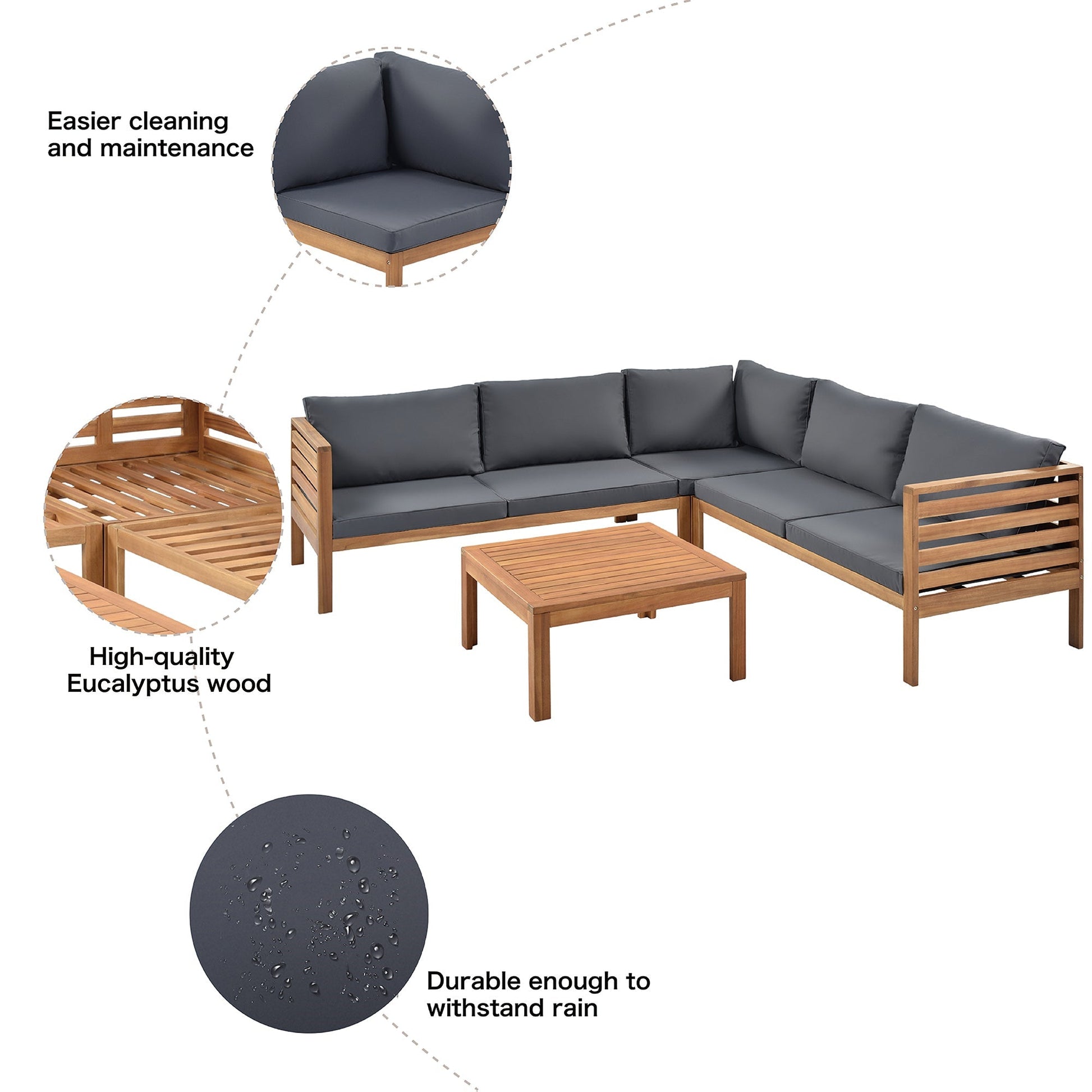 Wood Structure Outdoor Sofa Set with Gray Cushions and eucalyptus wood frame on Tampa Home & Garden Store