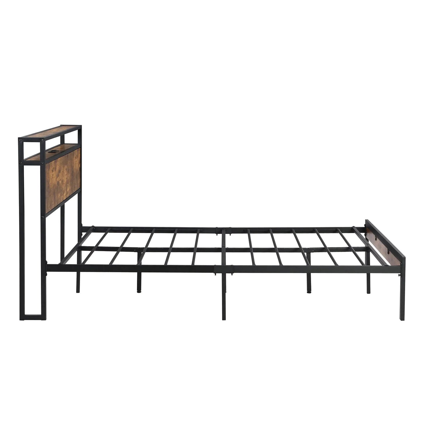 Platform bed frame with wooden headboard and footboard, black metal frame, USB liner Unique Piece on Tampa Home & Garden Store