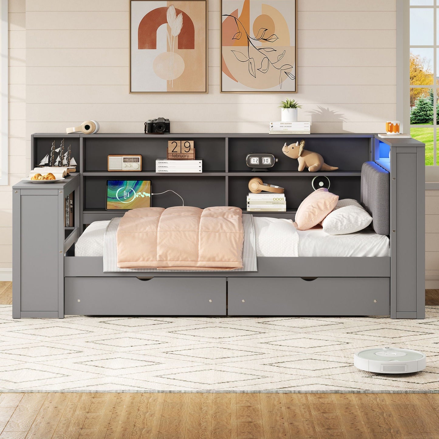 Platform bed by HouseOfZazla with built-in desk, gray finish, storage shelves and drawers on Tampa Home & Garden Store