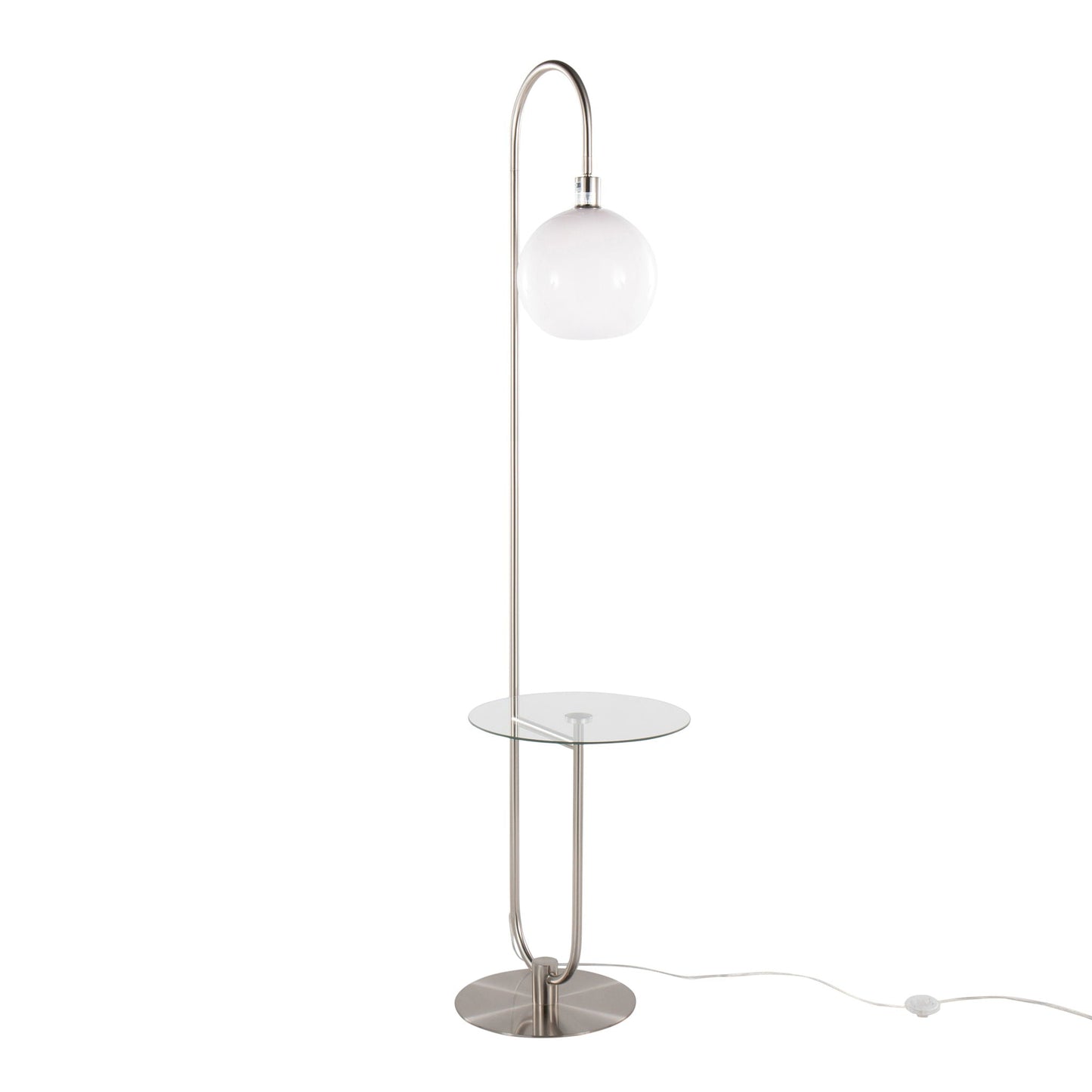 Trombone floor lamp by HouseOfZazla with chrome arc and frosted glass globe shade on Tampa Home & Garden Store