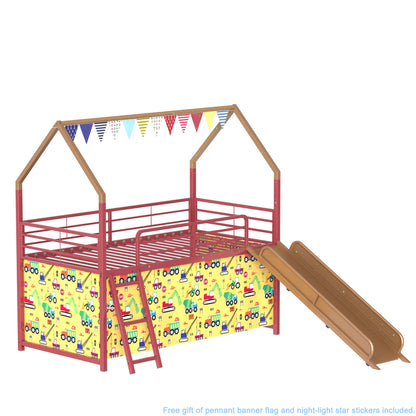Jack House Loft Bed With Slide And Curtain Set, pink frame, brown slide, vehicle curtain on Tampa Home & Garden Store