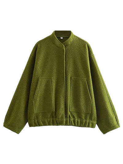 Autumn casual olive green drop-shoulder jacket Stevvex with snap front and two pockets on Tampa Home & Garden Store
