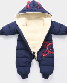 Stevvex baby snowsuit romper navy with cream lining and red hood accents on Tampa Home & Garden Store