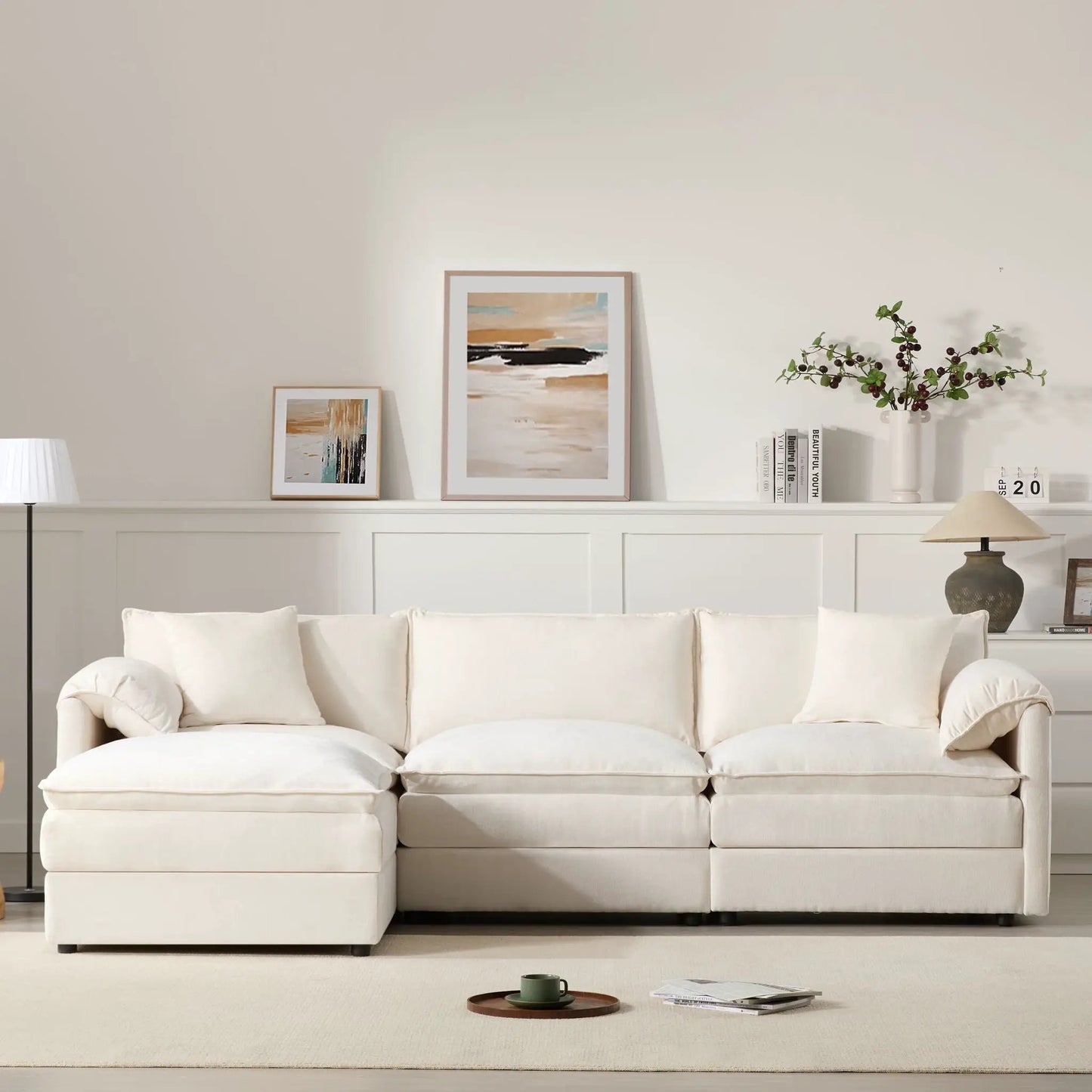 Cream modular sectional sofa with deep seats and movable ottoman by Unique Piece Furniture on Tampa Home & Garden Store