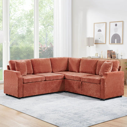 Modern L-shaped sleeper sectional in burnt orange velvet with hidden storage in living room on Tampa Home & Garden Store