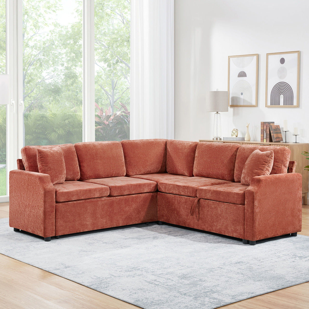 Modern L-shaped sleeper sectional sofa with hidden storage in terracotta upholstery on Tampa Home & Garden Store
