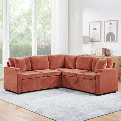 Modern L-shaped sleeper sectional sofa with hidden storage in terracotta upholstery on Tampa Home & Garden Store