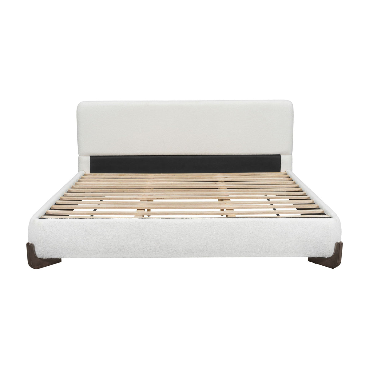 White Boucle Upholstered Bed on Solid Wood Legs
