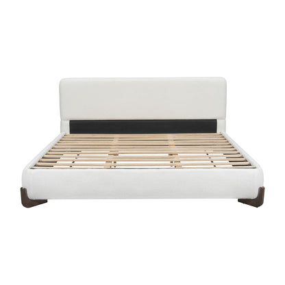 White Boucle Upholstered Bed on Solid Wood Legs
