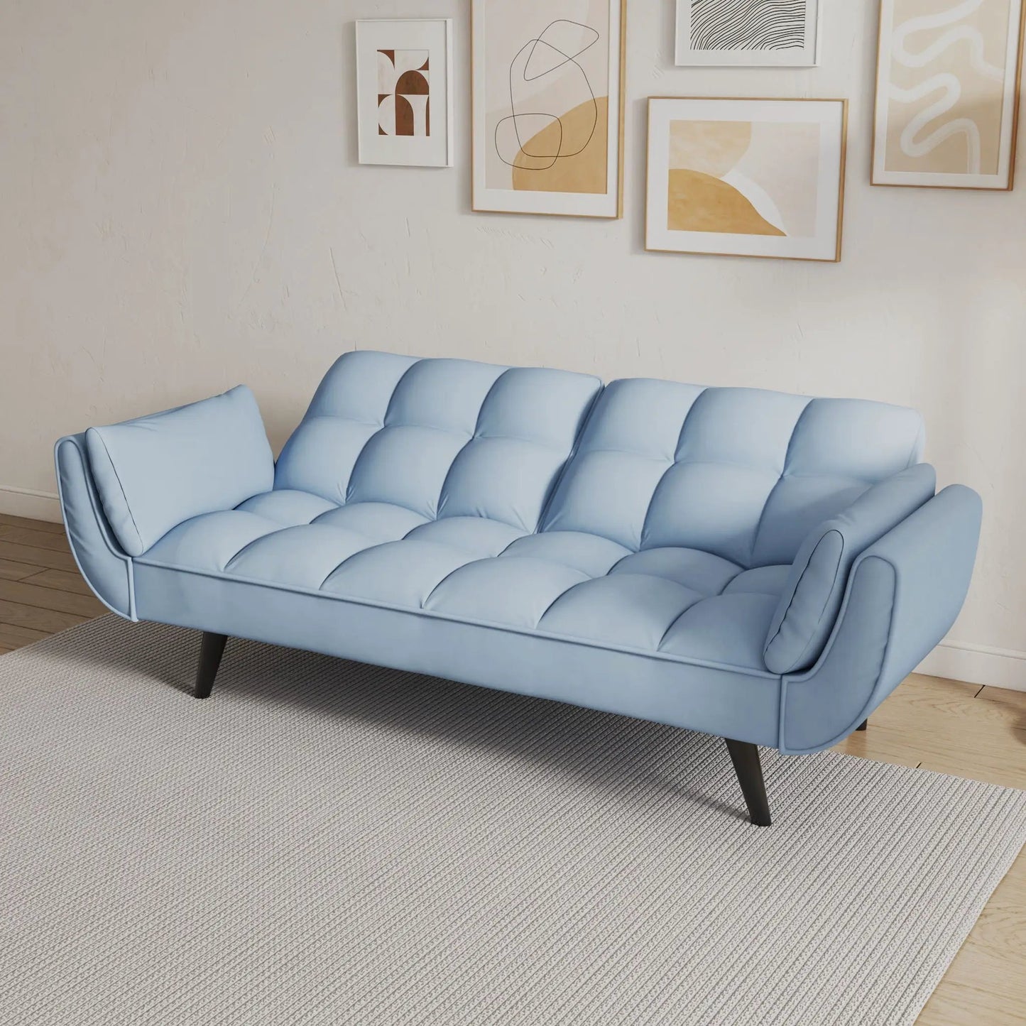 Blue tufted futon sofa with armrests and matching throw pillow by Unique Piece Furniture on Tampa Home & Garden Store