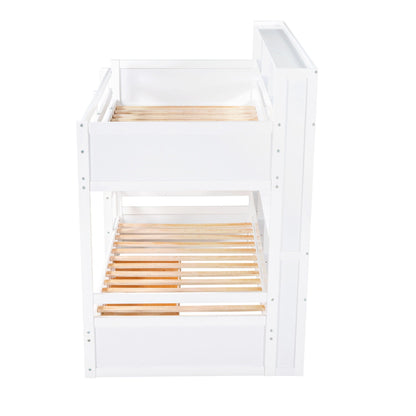 Twin size bunk bed with built-in shelves beside both beds and a storage drawer, white on Tampa Home & Garden Store