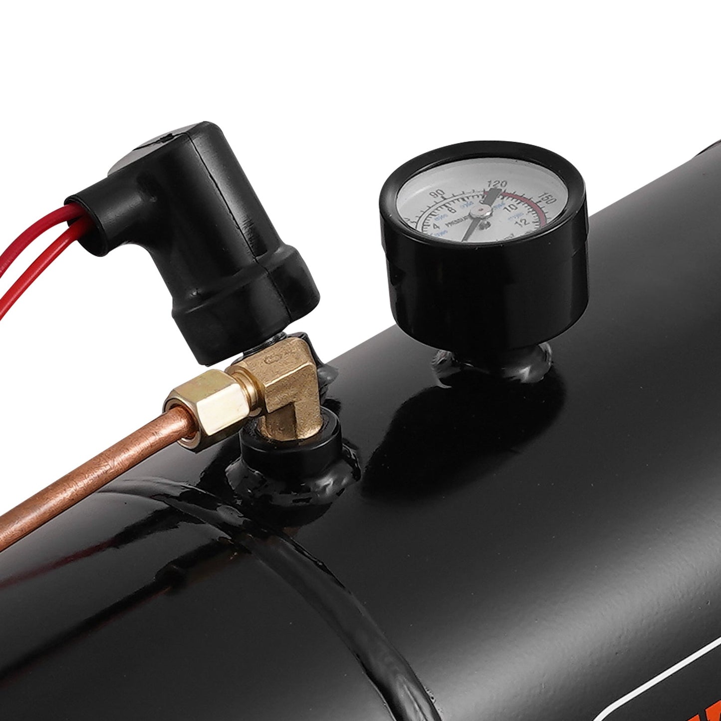 4-trumpet train horn kit with pressure gauge on black air tank and red wires on Tampa Home & Garden Store