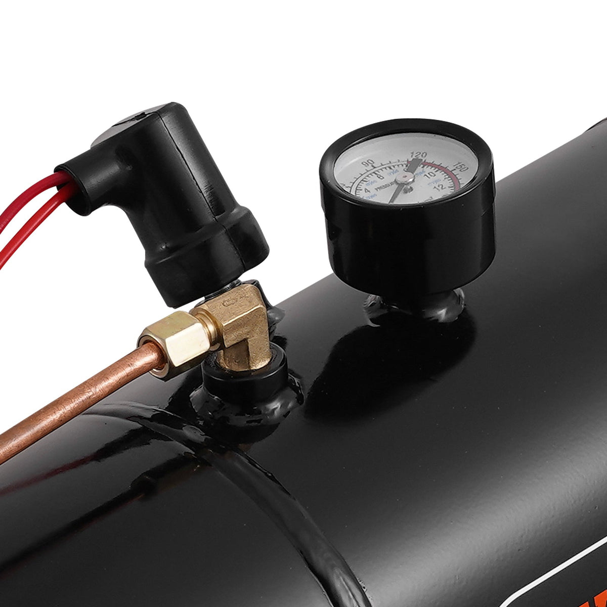 4-trumpet train horn kit with pressure gauge on black air tank and red wires on Tampa Home & Garden Store