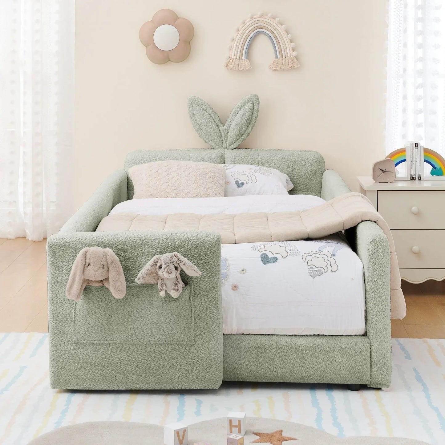 Rabbit-ear upholstered platform bed frame with safety rail in mint green fabric on Tampa Home & Garden Store