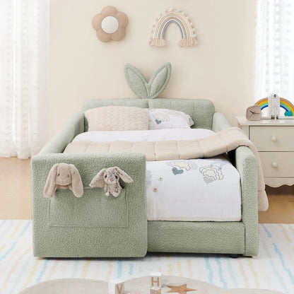 Rabbit-ear upholstered platform bed frame with safety rail in mint green fabric on Tampa Home & Garden Store