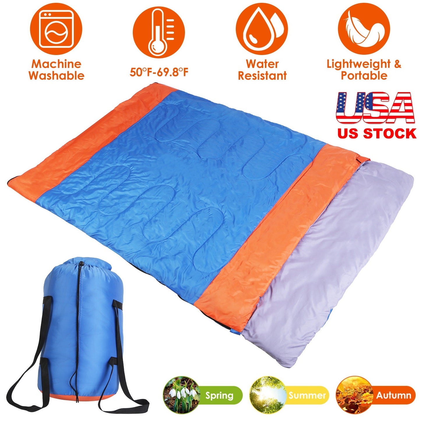 GemGear 3-person sleeping bag, blue with orange trim, water resistant 3-season camping bag on Tampa Home & Garden Store