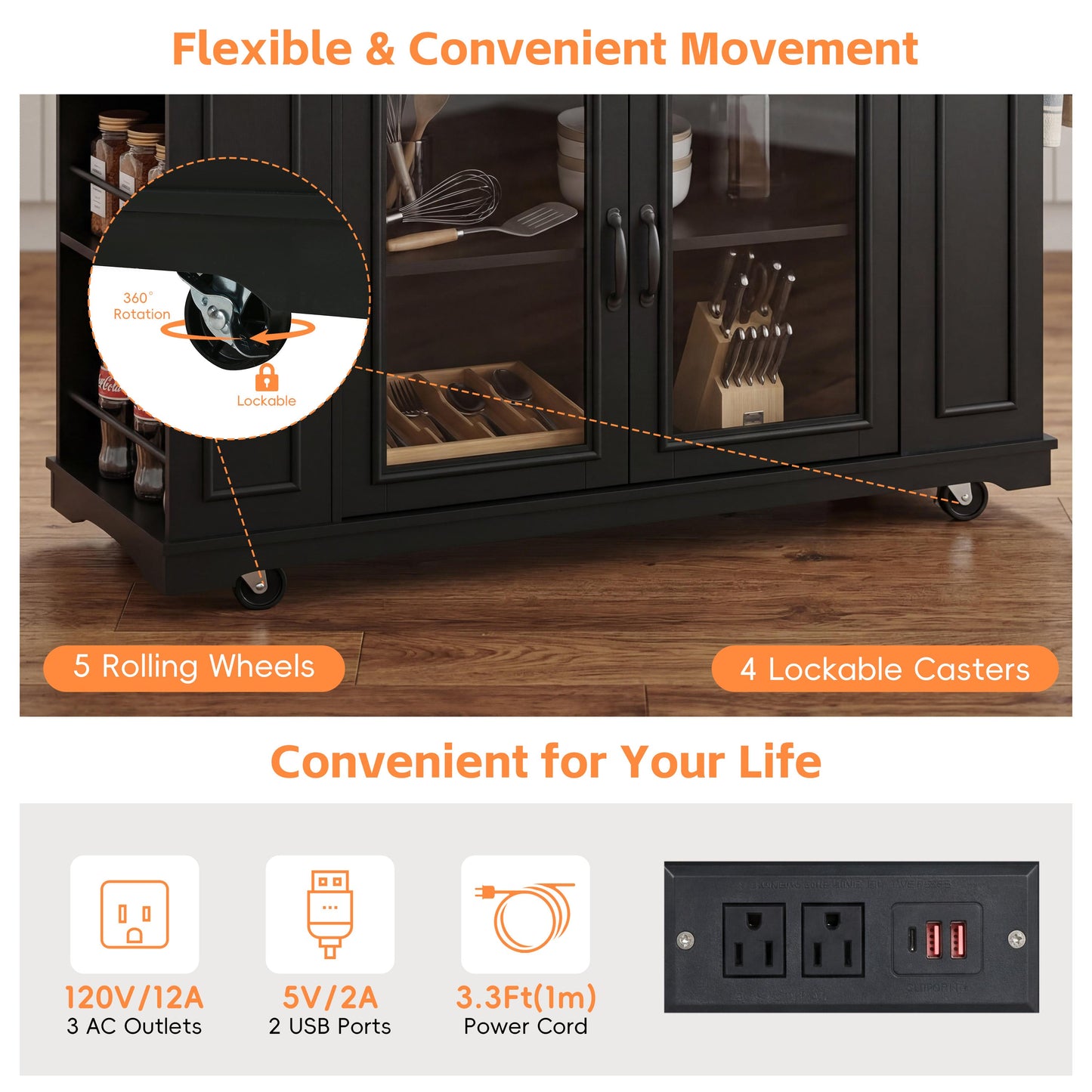 Mobile Kitchen Island with Glass Door and Outlet