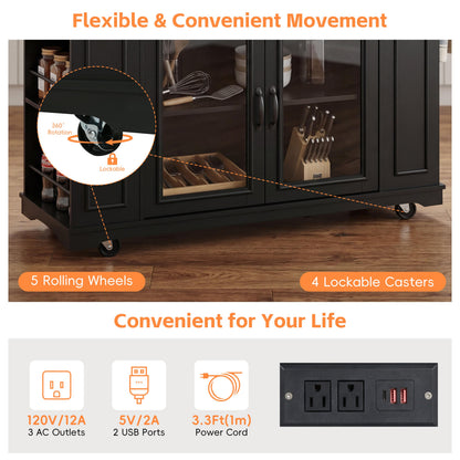 Mobile Kitchen Island with Glass Door and Outlet