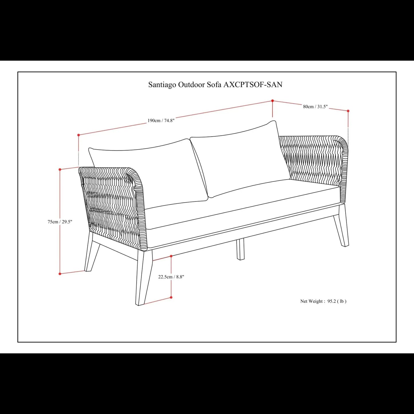 Santiago outdoor sofa slate gray by Unique Piece Furniture, technical drawing on Tampa Home & Garden Store
