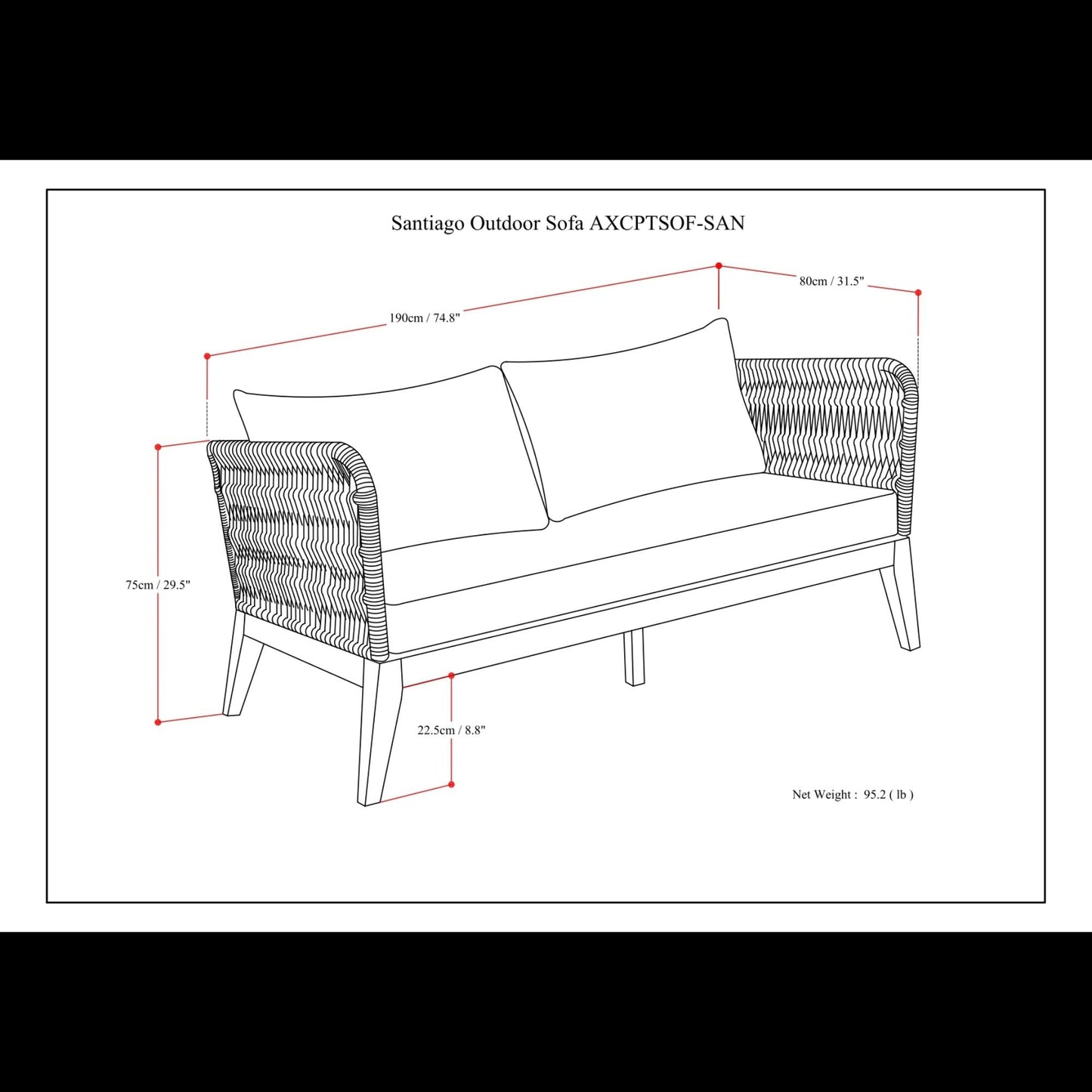 Santiago Outdoor Sofa and Slate Gray Cushion