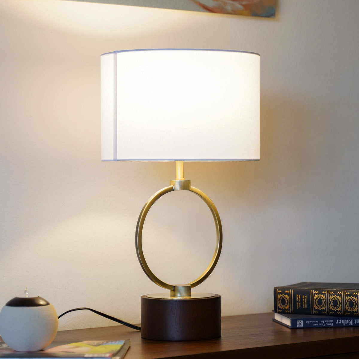 Nordic Home Creative Table Lamp; grid metal circular design, white shade, dark wood base on Tampa Home & Garden Store