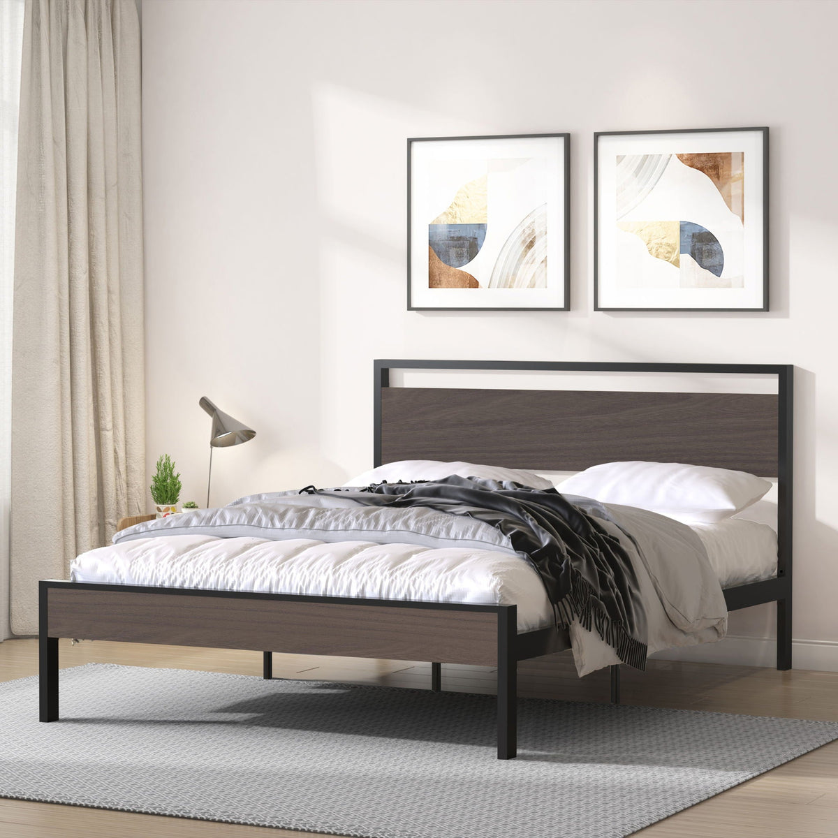 Ceres metal bed pair with wood headboards and footboards, black frames, slat bed design on Tampa Home & Garden Store