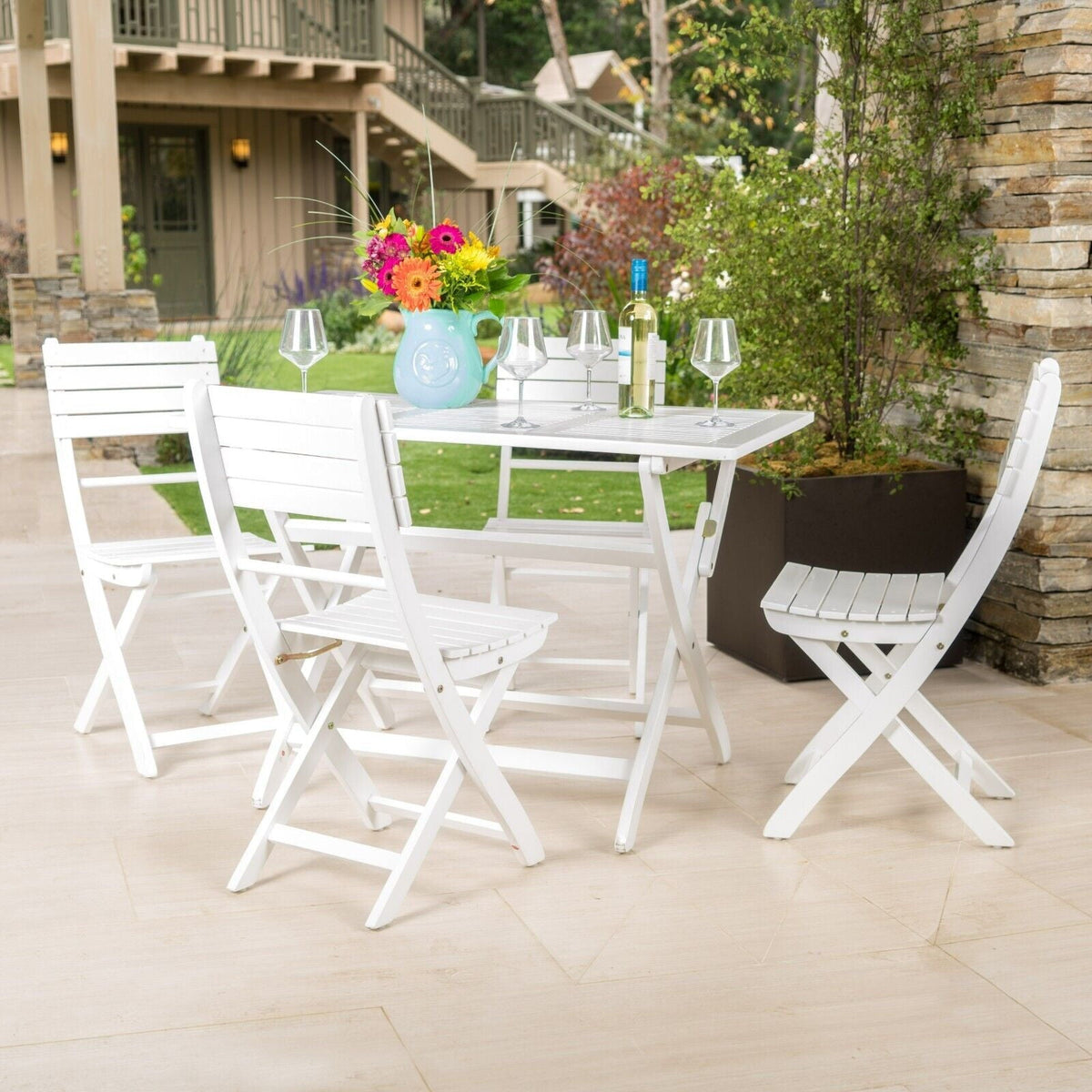 Positano 5-piece foldable outdoor dining set white; four chairs and table by HouseOfZazla on Tampa Home & Garden Store