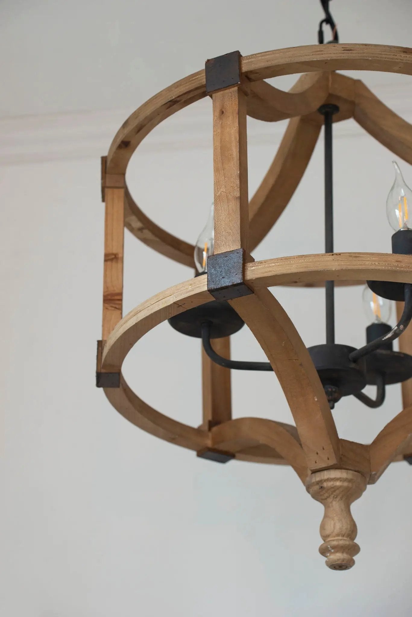 Three Light Wood Drum Chandelier With Chain Brown