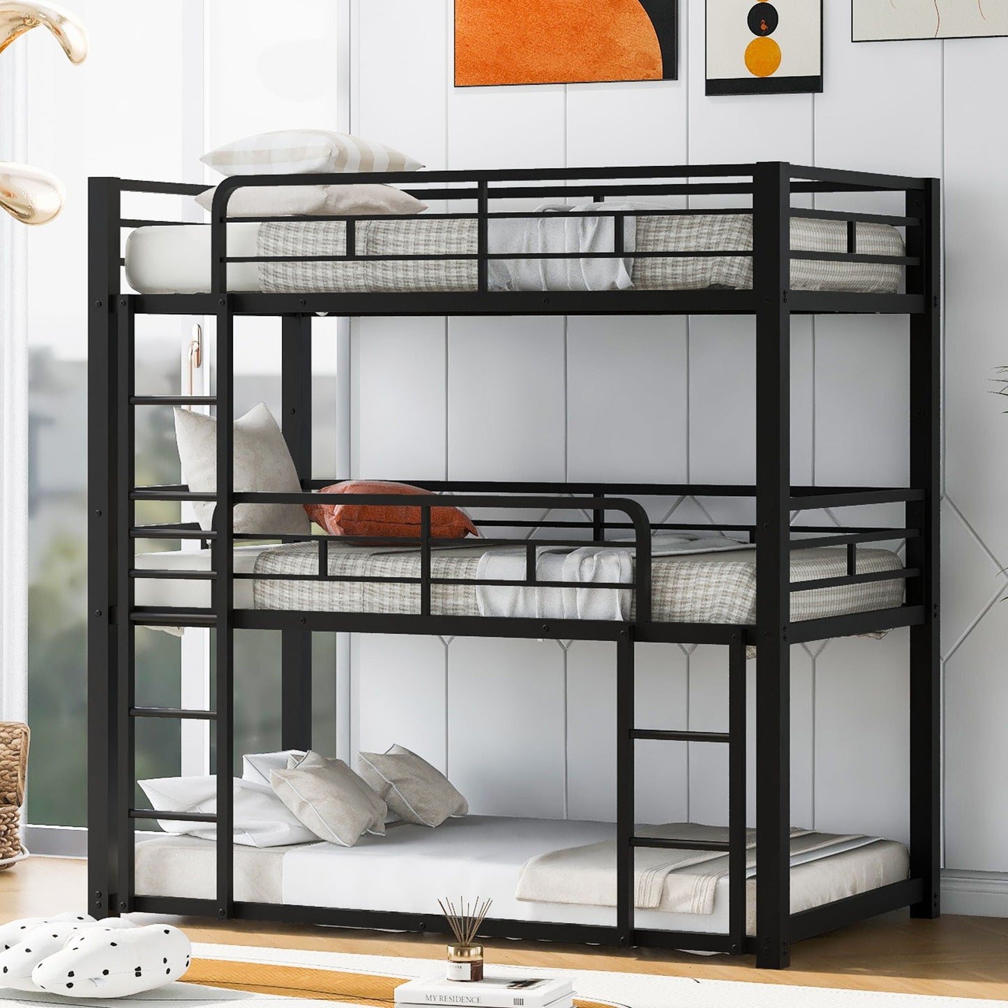 Triple bunk bed in black metal with stacked beds and ladder HouseOfZazla on Tampa Home & Garden Store