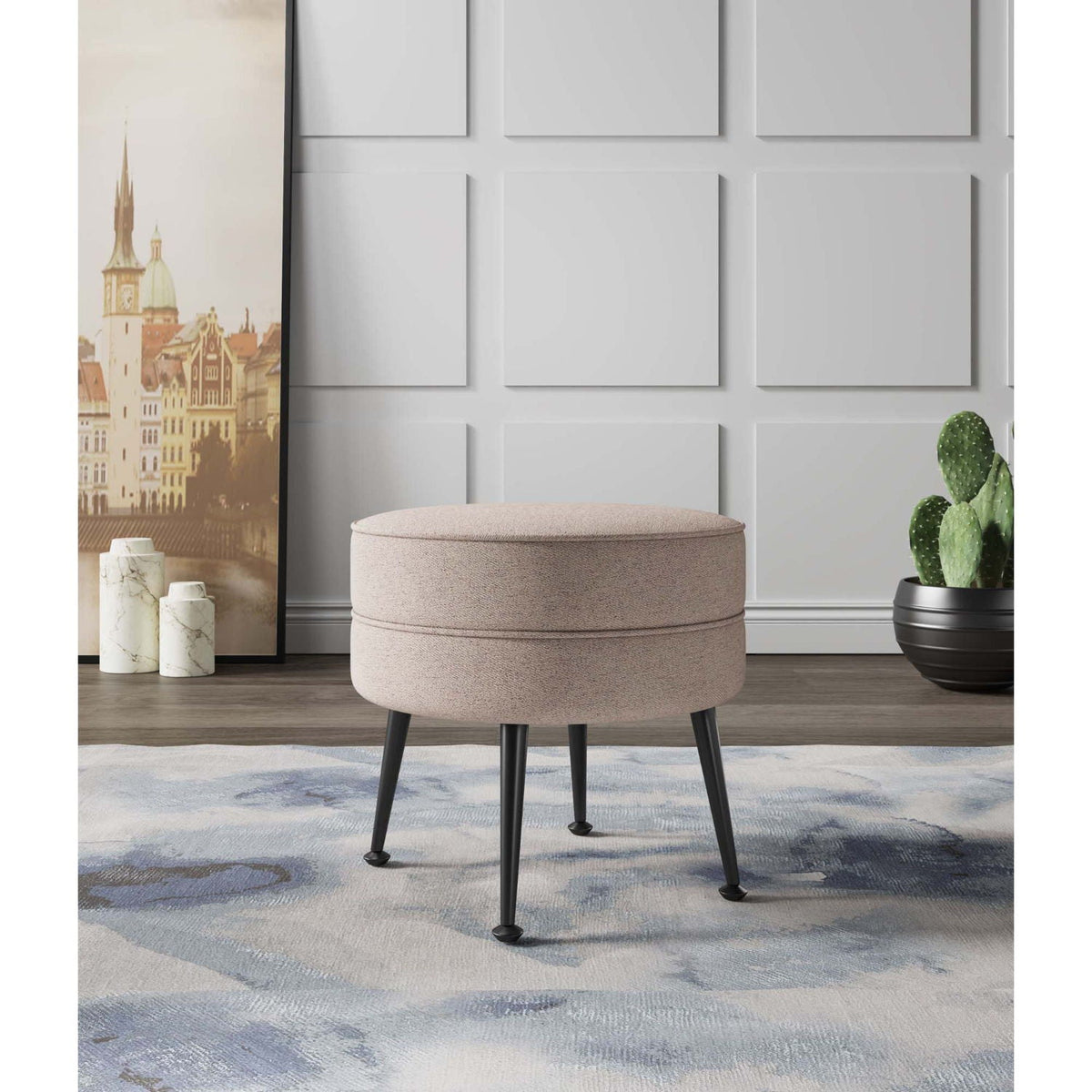 Bailey Accent Ottoman beige textured upholstery with black metal legs HouseOfZazla on Tampa Home & Garden Store