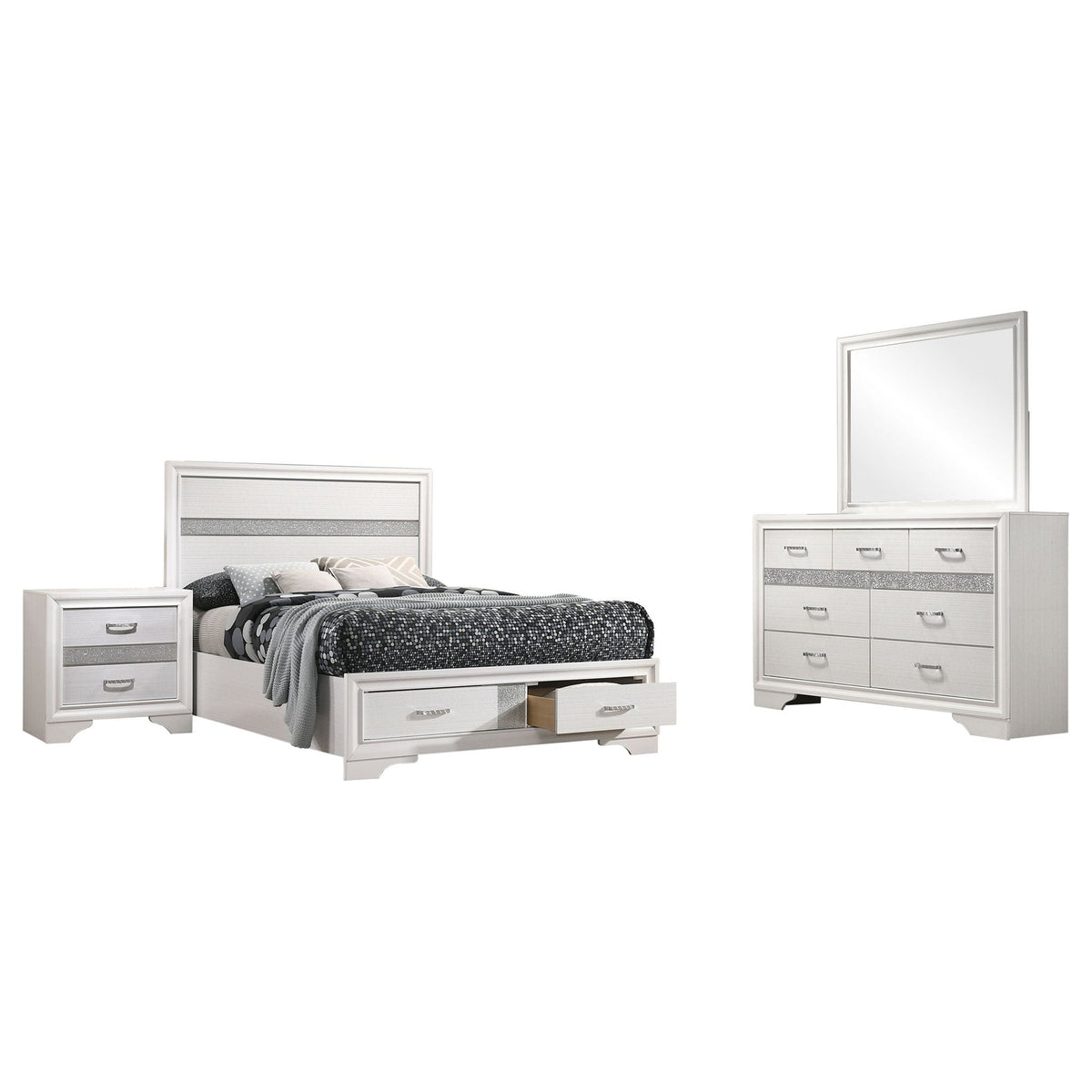 Annie 4 Piece Bedroom Set by HouseOfZazla silver-white finish bed dresser chest nightstands on Tampa Home & Garden Store