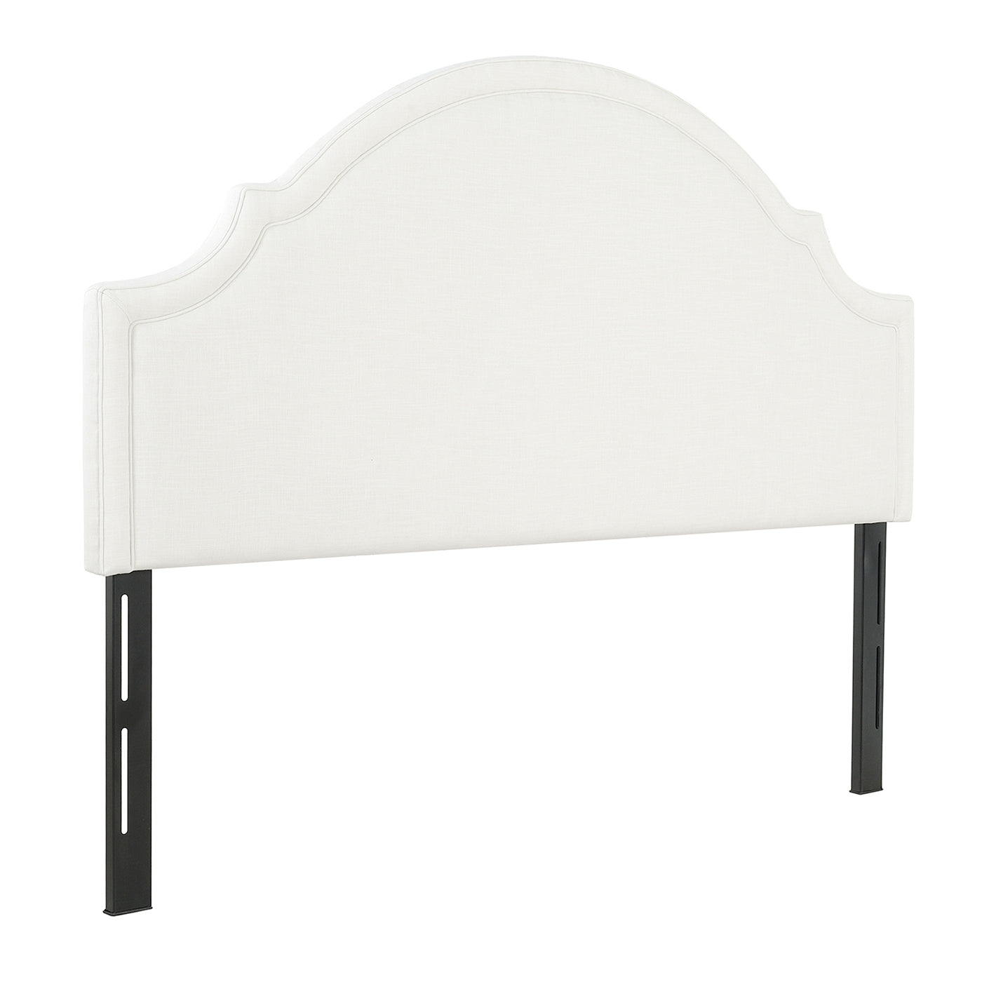 Catherine Upholstered King Headboard Antique in white fabric with arch and black metal legs on Tampa Home & Garden Store