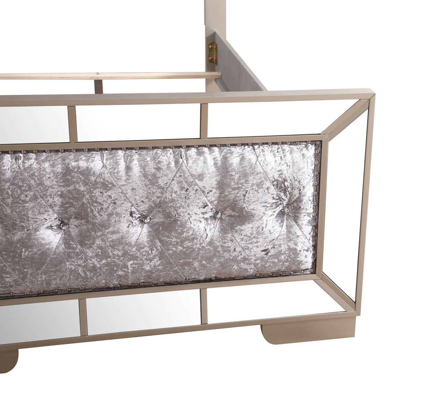 Stylish contemporary panel bed by HouseOfZazla with gold frame and tufted gray velvet headboard on Tampa Home & Garden Store
