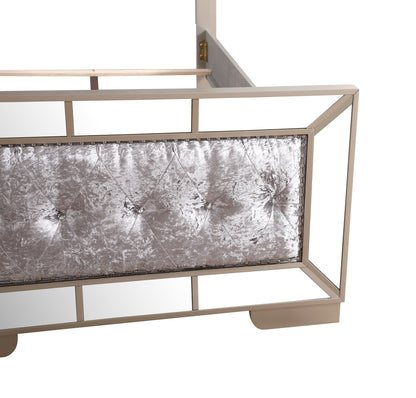 Stylish contemporary panel bed by HouseOfZazla with gold frame and tufted gray velvet headboard on Tampa Home & Garden Store