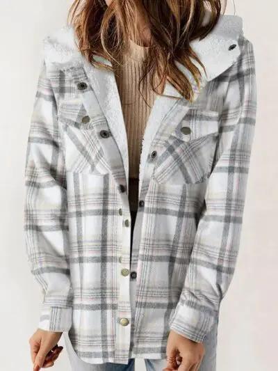 Plaid Snap Down Plush Hooded Jacket Women Warm