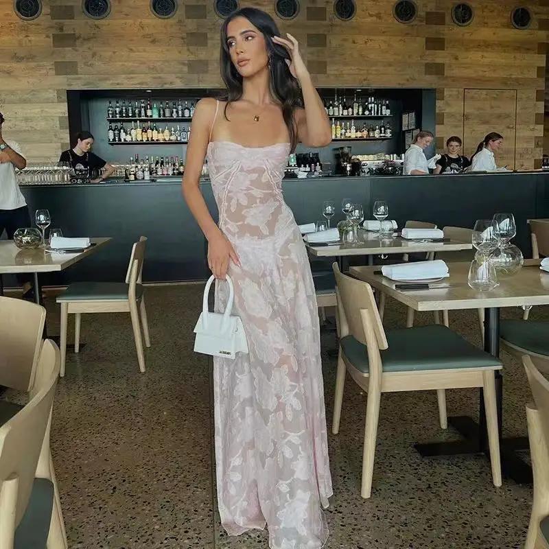 Floral lace suspender dress pale pink, FLIPSTYLEZLLC long back-lace gown for party wear on Tampa Home & Garden Store