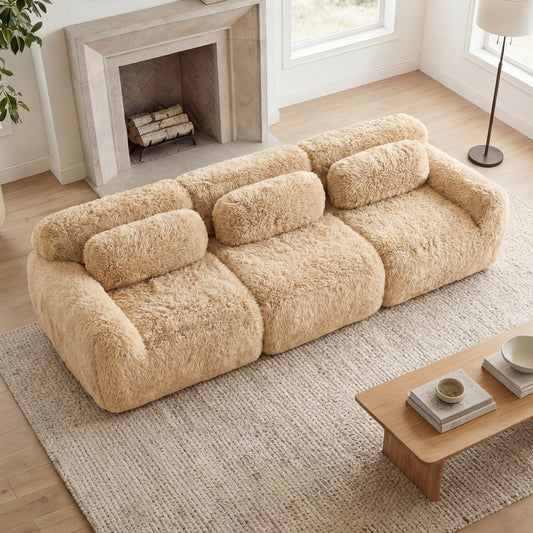 114'' Soft And Fluffy Modular Sectional Sofa beige plush fabric HouseOfZazla on Tampa Home & Garden Store