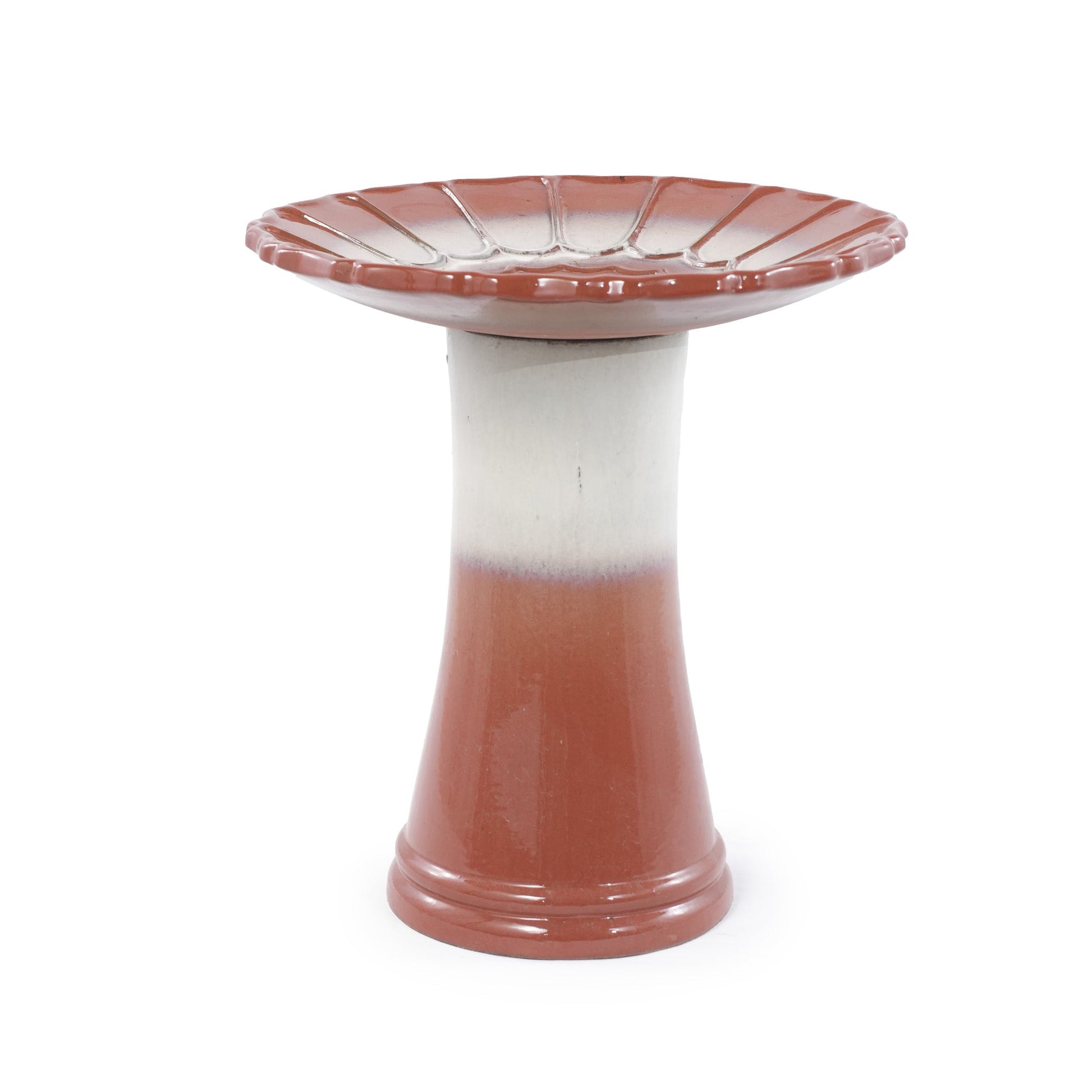 Handmade glazed ceramic bird bath with scalloped rim and white interior pedestal on Tampa Home & Garden Store